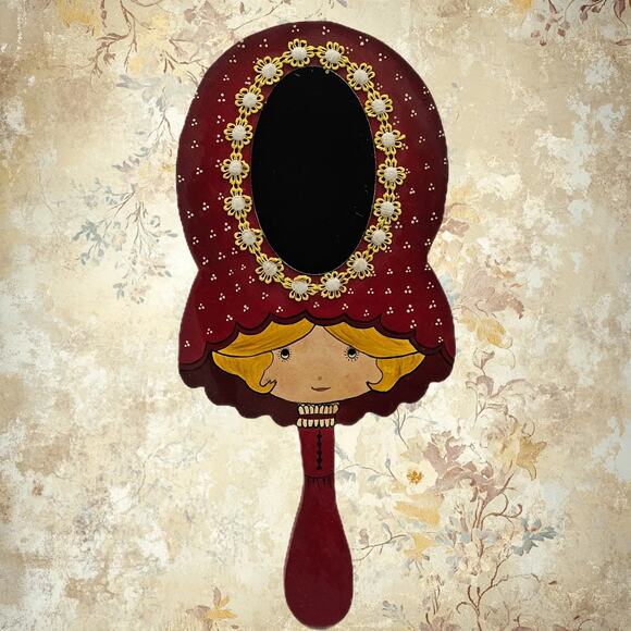 Adorable Child's Face Hand Painted Wooden Vanity Mirror - Delicate Lace Accents - Picture 1 of 6